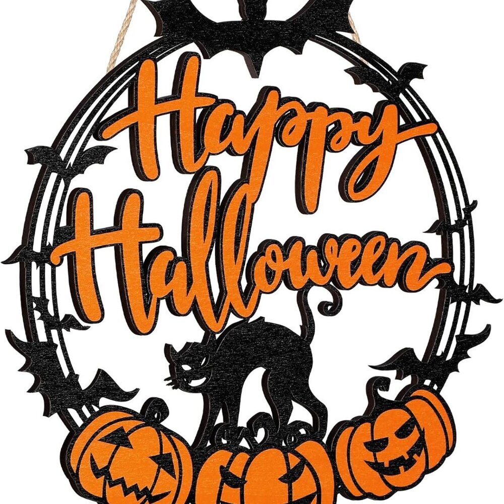 Halloween Door Decorations Wooden Black Cat Pumpkin Hanging Sign Happy Halloween